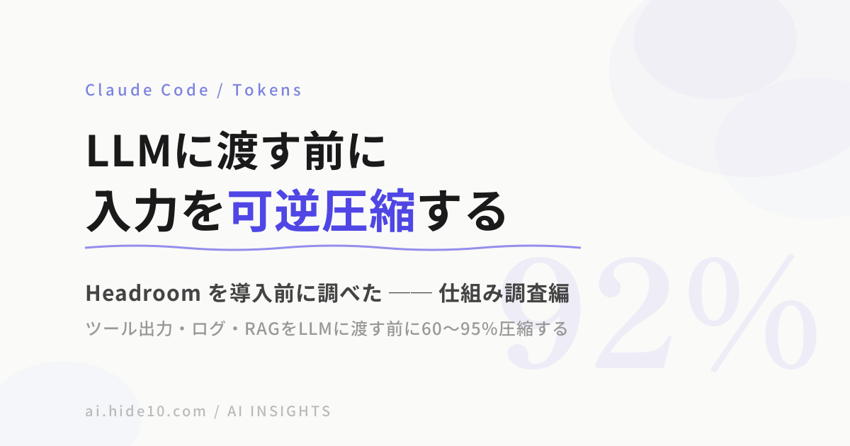 Featured image of post AIエージェントの入力を可逆圧縮する Headroom を調べた ── 導入前の仕組み調査編