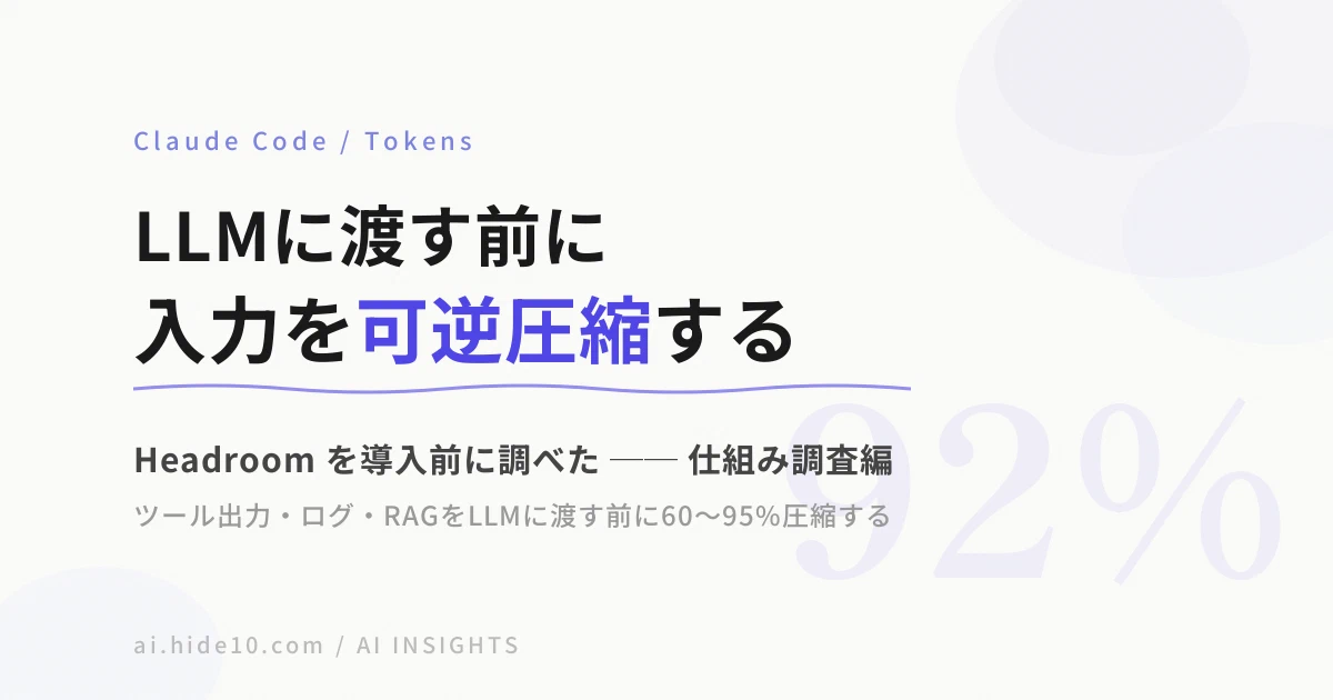 Featured image of post AIエージェントの入力を可逆圧縮する Headroom を調べた ── 導入前の仕組み調査編