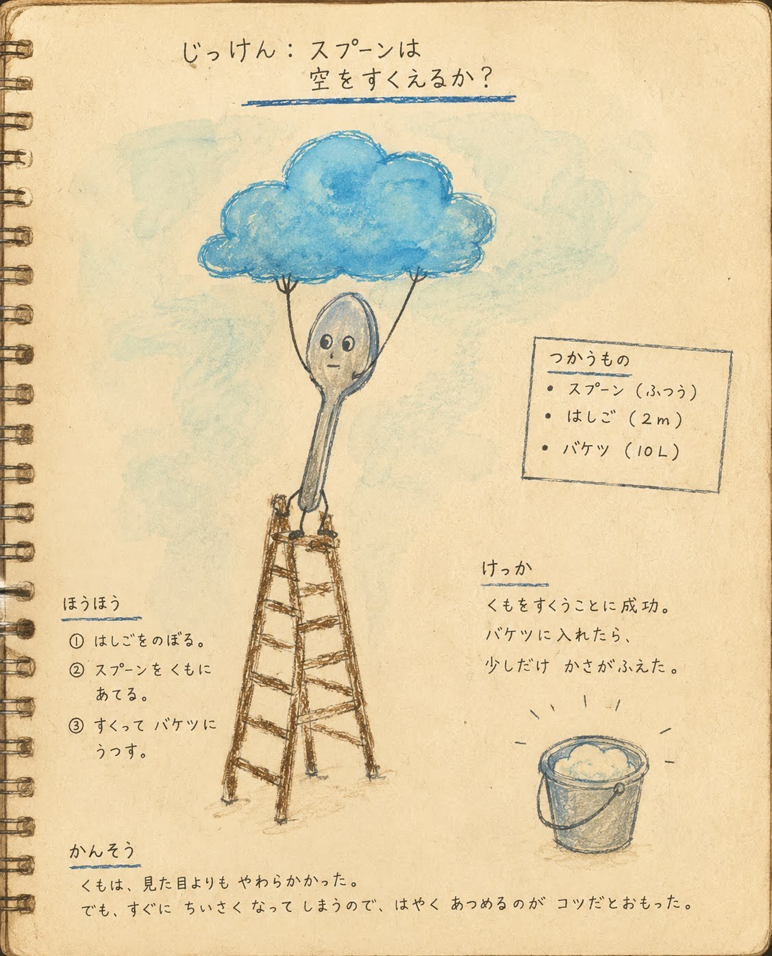 はしごに登ってスプーンで雲をすくうイラスト