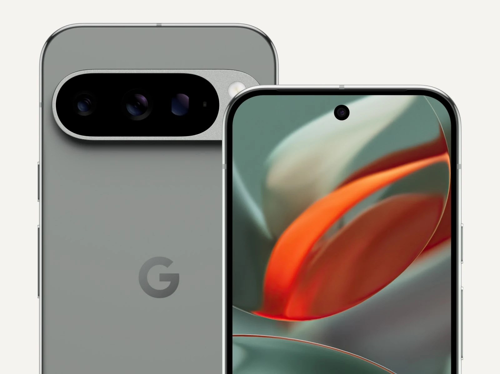 Hazel カラーの Google Pixel 9 Pro の前面と背面