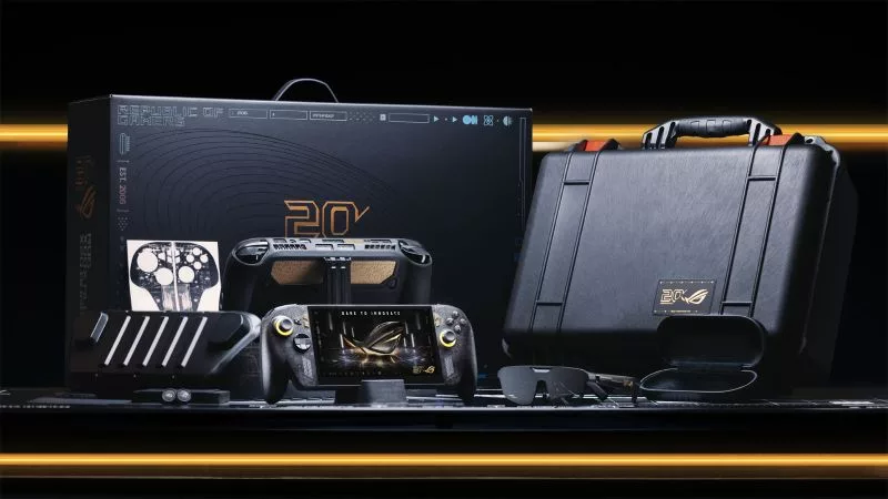 ROG Xbox Ally X20 バンドル版の同梱物。本体、ARグラス、dbrandのケース、Pelicanのハードケースが並ぶ