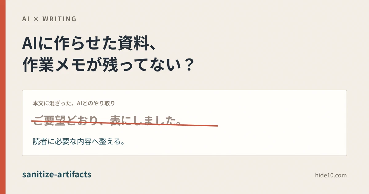 Featured image of post AIに作らせた資料に「ご要望どおり」が残る。会話の跡を消すsanitize-artifacts