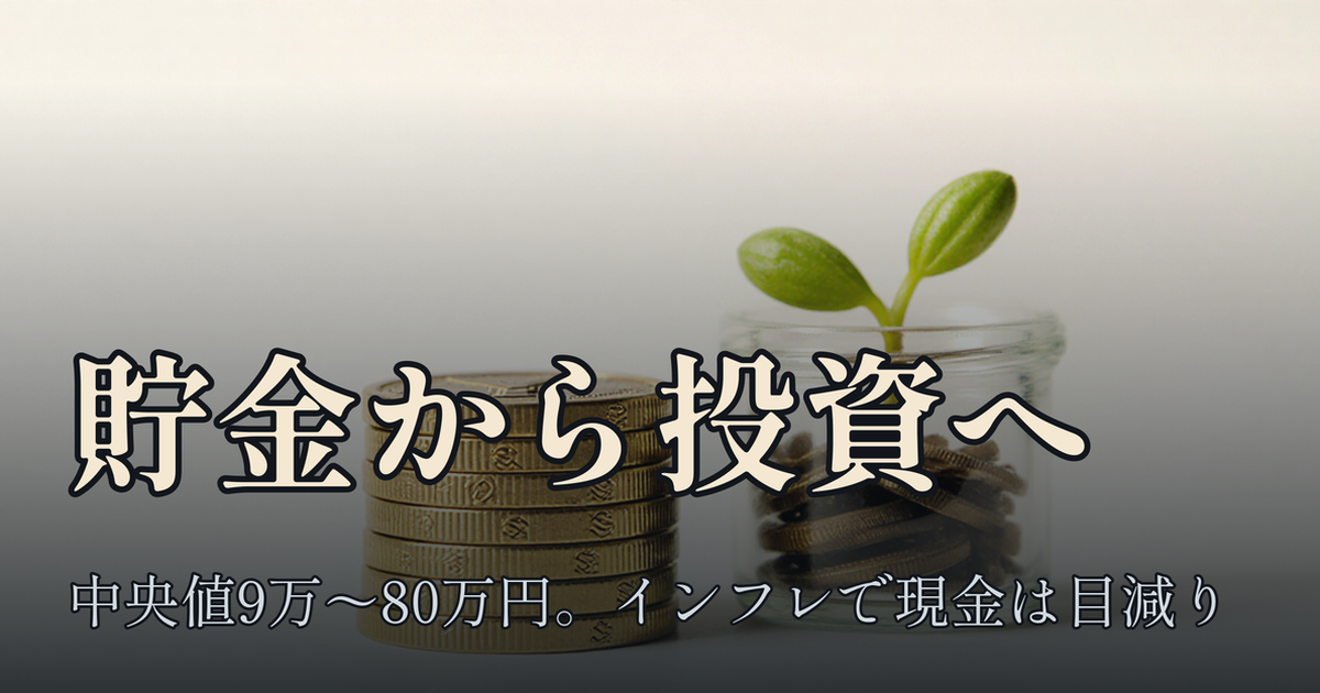 Featured image of post 貯金の中央値は20代で9万円、50代で80万円。インフレ時代に私が貯金から投資へ寄せる理由